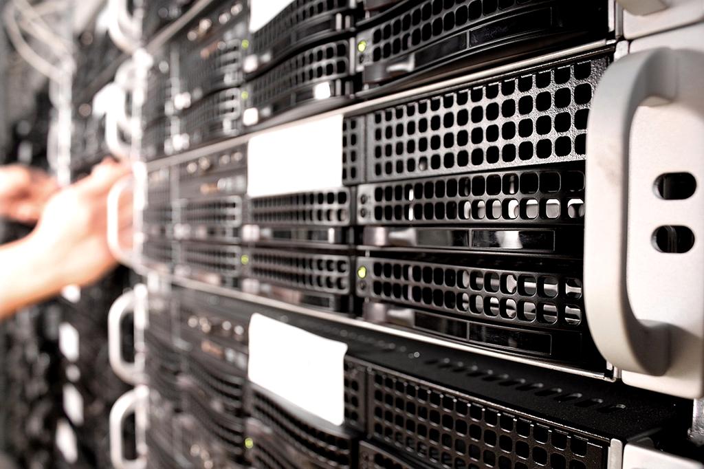 Futuristic cloud data center with blue lights